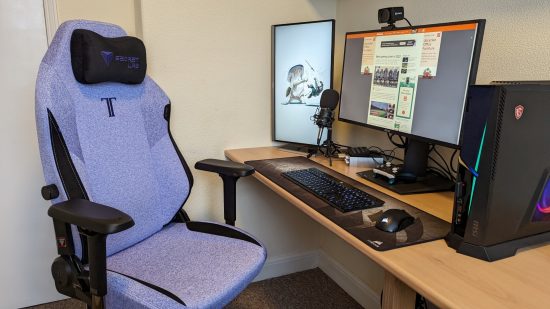 The Secretlab Titan Evo 2022 series 'Soda Purple' gaming chair (left) with a gaming PC setup (right)