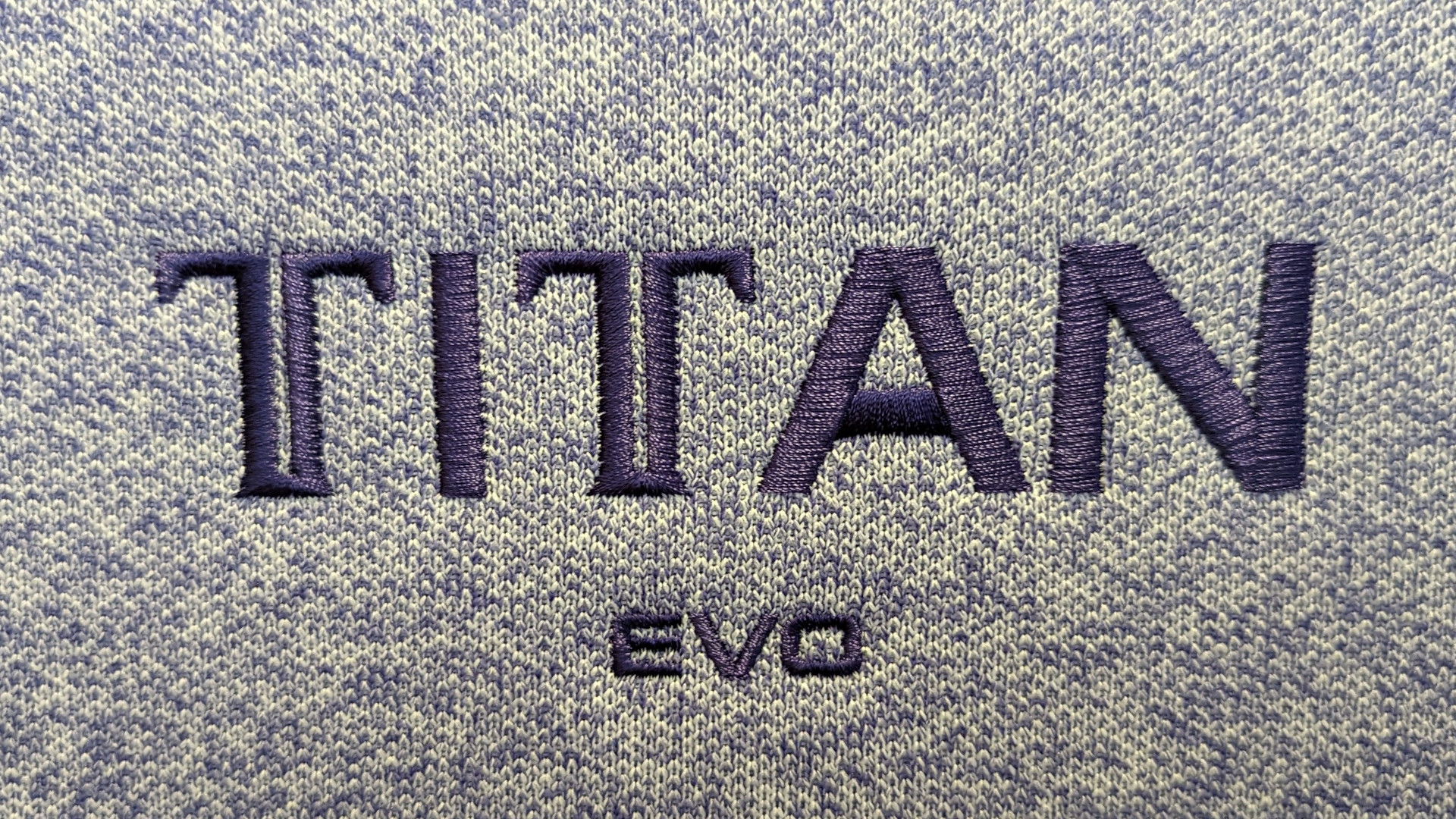 The Secretlab 'Titan Evo' logo, stitched in purple against a lighter tone