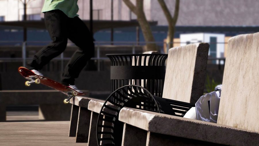 Session: Skate Sim screenshot showing a close-up of someone grinding on a concrete bench