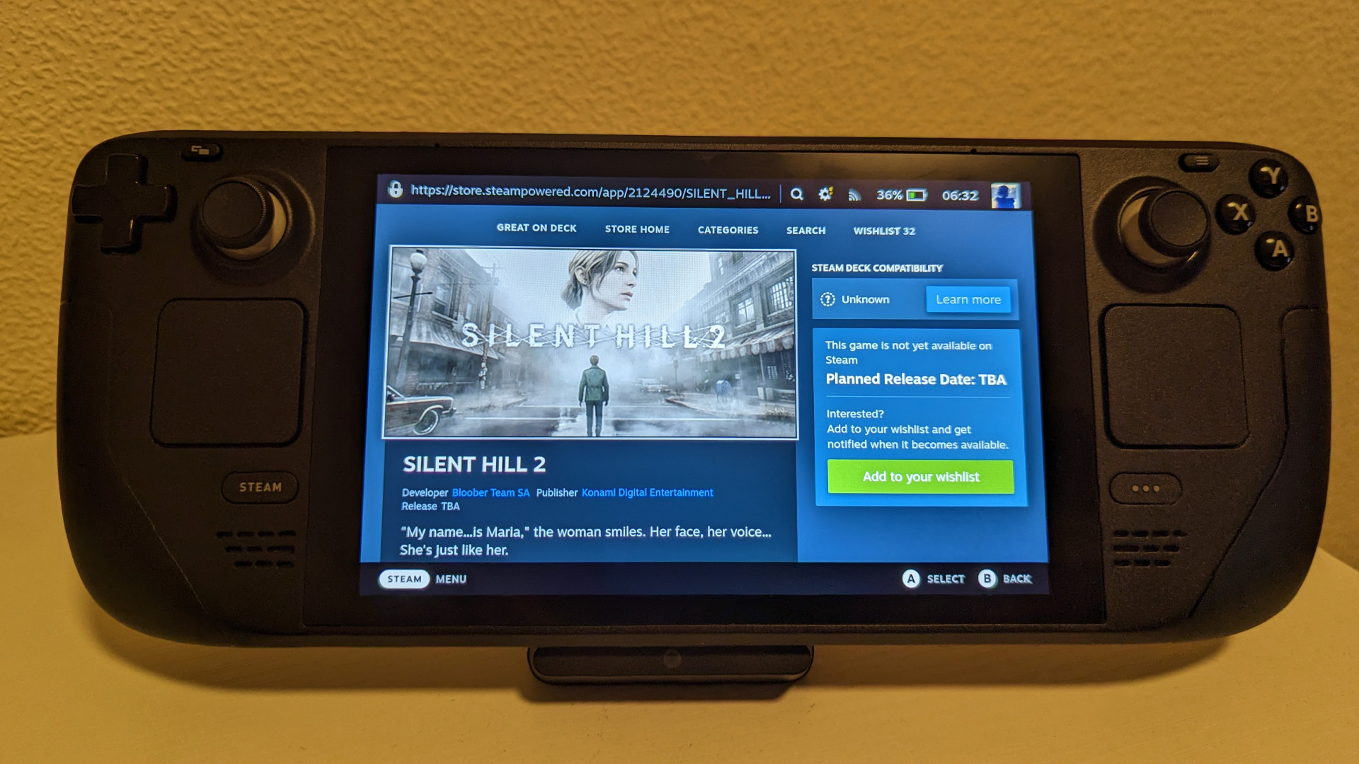 A Steam Deck showing the Silent Hill 2 Steam store page