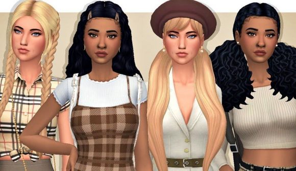 Sims 4 best CC creators and packs: Four Sims as designed with custom content for hair, makeup, and wardrobe, to better capture current beauty trends and fashion that cannot be achieved with the assets of Sims 4 alone.