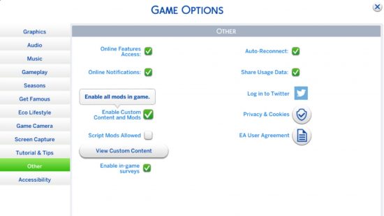 Sims 4 CC: قائمة خيارات في اللعبة لتشغيل المحتوى المخصص