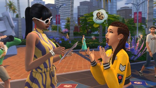 Sims 4 expansion packs: a young woman fawns over a celebrity as she gets her autograph in the sims 4 get famous expansion pack