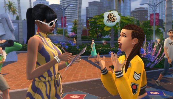 Sims 4 expansion packs: a young woman fawns over a celebrity as she gets her autograph in the sims 4 get famous expansion pack
