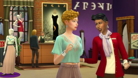 sims 4 expansion packs: One woman leads another through her clothing store in the Get to Work Sims 4 expansion pack