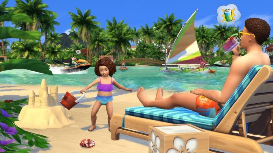 sims 4 expansion packs: a small child plays in the sand as a man reclines on a pool chair in the sims 4 island living expansion pack