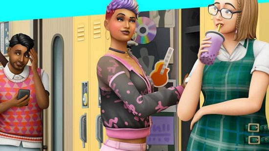 Sims 4 kit leak hints at yummy items ahead of free to play: A young woman of colour with purple slicked back hair raises her eyebrow at a white girl drinking bubble tea while going into a high school locker decorated with CDs and guitar sticker
