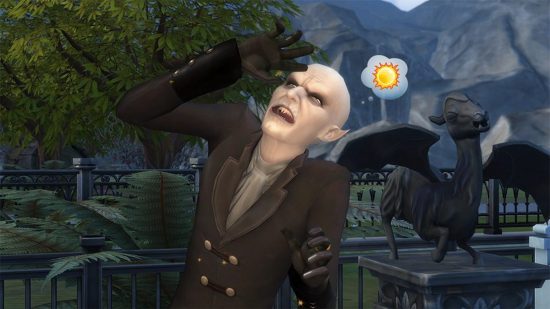 The Sims 4 vampires: A bald vampire in a forest hides from the sun with a speech bubble containing a little sun next to him