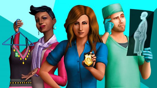 Sims 5 cheats: A trio of Sims consisting of a police officer holding her badge, a surgeon holding up an X-ray chart, and a fashion designer holding up a dress