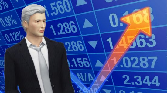 The Sims 4 player count: The 'Stonks' meme, but with a stylish, grey-haired Sim replacing the strange grey figure from the original, standing in front of a NASDAQ table with an orange arrow pointing upward