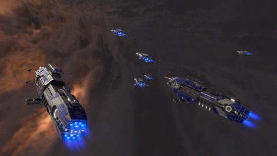Sins of a Solar Empire 2 early access: A small squadron of ships firing blue thrusters soars high above a massive formation of angry looking clouds on an alien world