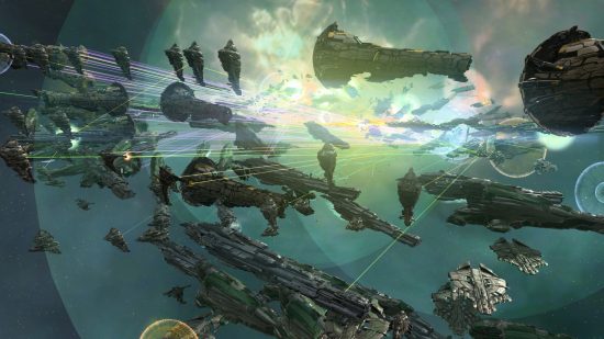 Sins of a Solar Empire: Rebellion Eve Online mod: A battle between two fleets of gigantic capital ships, which are firing pink, green, and yellow laser beams at each other in dense clusters