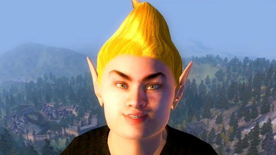 Starfield - the adoring fan from The Elder Scrolls IV: Oblivion - a grinning male Bosmer with tall, blonde hair