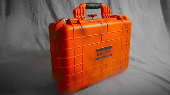 Steam Deck case with orange weathered colouring, Valve logo on front, and red tap at top