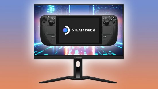 Gigabyte gaming monitor with glowing Steam Deck on screen