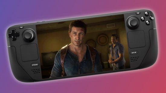 A Steam Deck showing a cutscene from Uncharted 4, in which protagonists Nathan Drake (left) and Sam Drake (right) stare into the distance