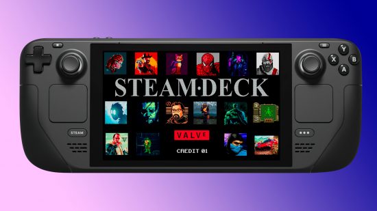 Steam Deck with custom Neo Geo style boot screen and purple backdrop