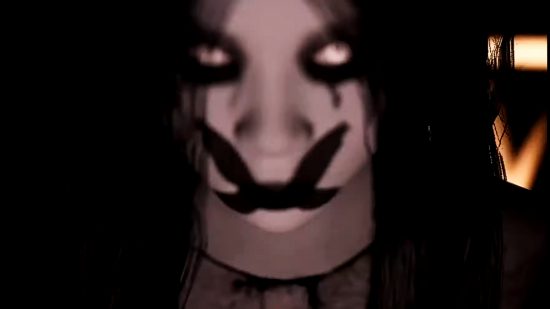 Steam Halloween sale dates - Steam Scream Fest 2022 - a woman with long black hair and a large black cross over her mouth from the game Pacify