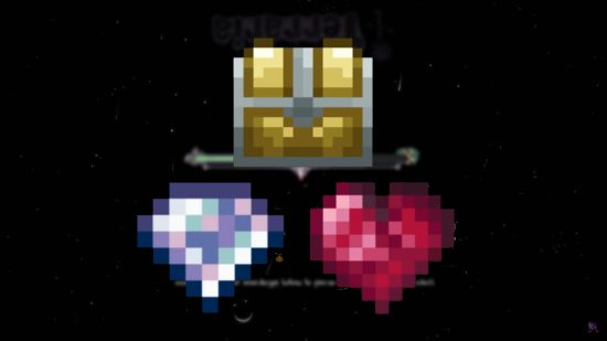 Terraria 1.4.4 Zenith seed secret - a gold chest, diamond, and life crystal floating over the Terraria world generation screen