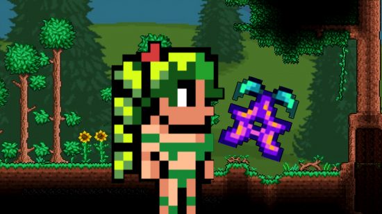 Terraria - The Dryad, a green-haired lady in a slight green bikini, and a Stardrop, a purple star-shaped fruit from Stardew Valley