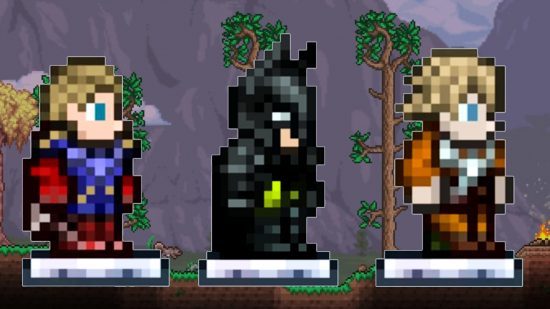 Terraria vanity sets - custom character & outfit combinations resembling Homelander (The Boys), Batman, and Luke Skywalker (Star Wars) by Psyanide5210 on Reddit