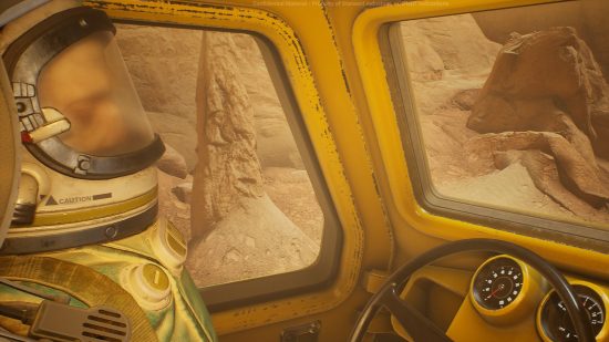 The Invincible gameplay impressions: A dead astronaut is seen sitting in the driver's seat of a rover vehicle.