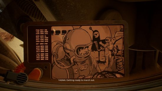 The Invincible gameplay impressions: A hand-drawn cartoon shown on a slide held by the player, it depicts a team of planetary explorers preparing for a mission