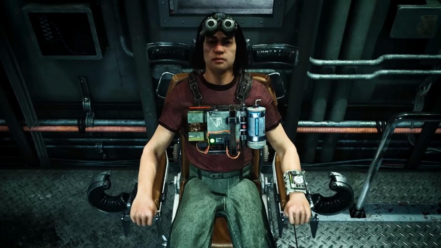 The Outlast Trials - a person with goggles and a ramshackle wired-up electronic vest is strapped into a chair