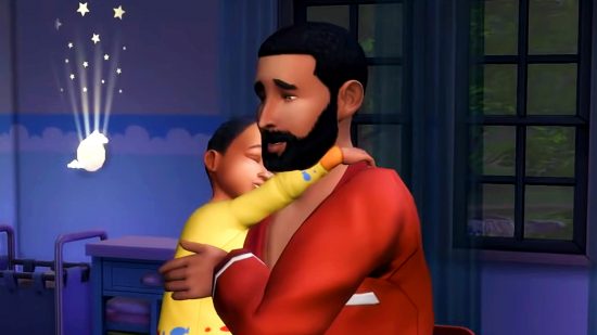 The Sims 4 babies - a man holds a sleeping youngster in his arms