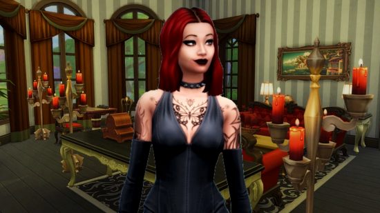 The Sims 4 - a red-headed, tattooed lady in a black leather dress in the Goth mansion