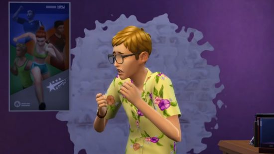The Sims 4 rent: A young blond mon wearing glasses and a Hawaiian shirt gestures defensively