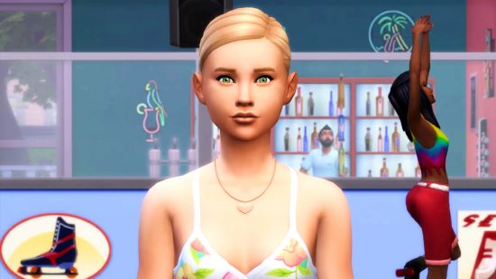 The Sims: Project Rene - a lady in a floral dress at the roller skating rink in Sims 4