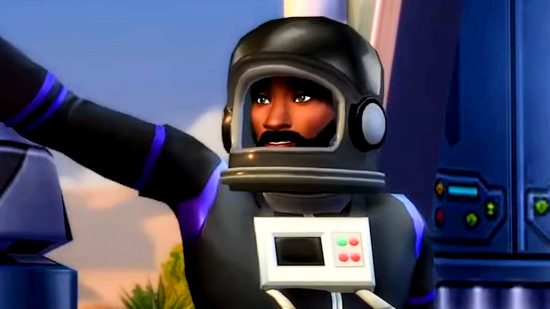 The Sims 5 Project Rene playtesting - a man in a black astronaut suit in The Sims 4