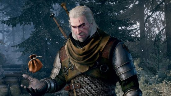 Tarikh Siaran Pembuatan semula Witcher: tangkapan skrin dari Witcher 3: Wild Hunt. Geralt melemparkan kantung dengan duit syiling di dalamnya