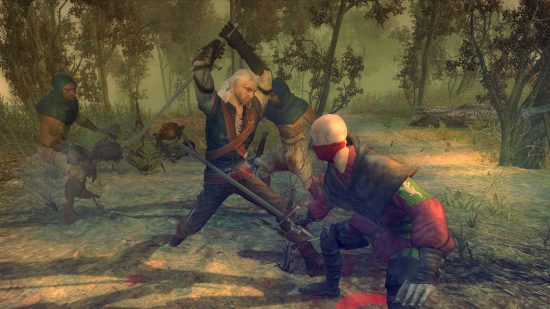 The Witcher Remake release date: A screenshot of the original Witcher.  Geralt is fighting some bandits in a dark forest.