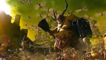 Total War: Warhammer 3 endgame scenarios - A Great Unclean One marches across a battlefield with a throng of green, pestilent daemons of Nurgle