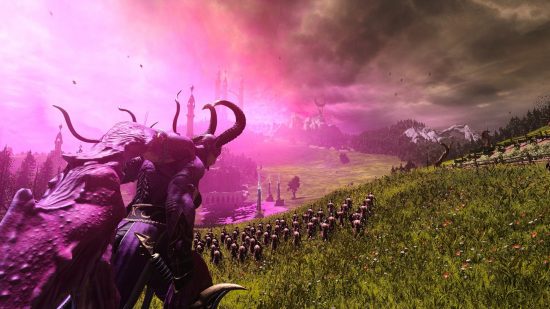Future of Total War: Warhammer 3: the Seducers of Slaanesh waging war across a plain