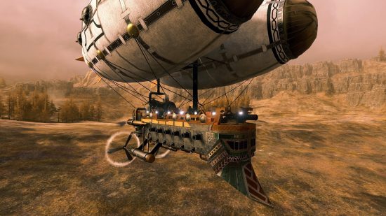 Total War: Warhammer 3 mod Thunderbarge: A dwarven thunderbarge, a warship held aloft by two lighter-than-air balloon chambers, flies above the desert battlefield