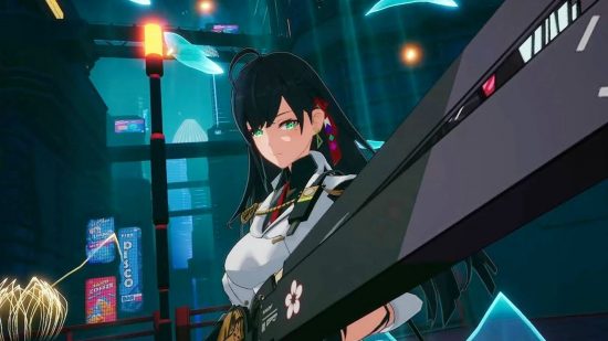 Tower of Fantasy character images suggest Lin is next banner: An anime girl with long black hair stands in a cyberpunk setting with a large fan-inspired weapon