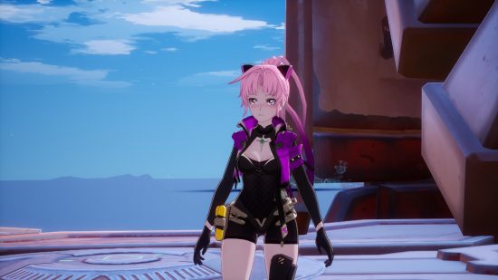 An anime girl with pink hair in a pony tail and a black cybergoth outfit looks concerned on a blue sunny background