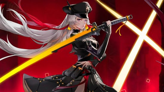 Tower of Fantasy Genshin Impact monetisation: A woman in a black army officer uniform wields a glowing red katana on a red background with white lines