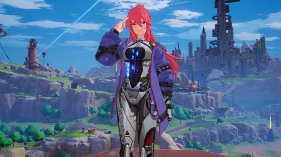 Tower of Fantasy hack compensation is too "stingy", fans say: A slim anime woman with red hair and a cybernetic jumpsuit stands against a cyberpunk city backdrop