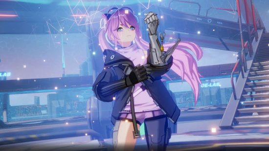 Tower of Fantasy hacks prompt "enormous amount" of new security: A pink haired anime girl stands in a futuristic area using a computer than shows holograms of shapes