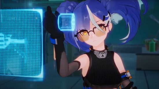 Tower of Fantasy hackers are "stealing" inventories but Hotta is on it: An anime woman with blue hair in bunchies using a futuristic hologram computer while wearing a black high necked vest top