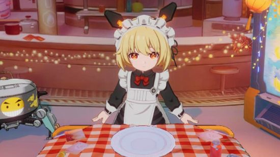 Tower of Fantasy Halloween skins are giving fans gachapon vibes: A little blonde girl wearing a maid outfit and cat ears stands at a table with a red and white checked table cloth in front of an empty plate