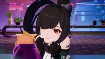 Tower of Fantasy Vera 2.0 livestream offers new codes, banner hints: An anime girl with long black hair sits with her head in her hands smiling at a plush teddy bear