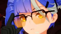 : A close up of Cobalt-B with her blue hair and yellow tinted glasses