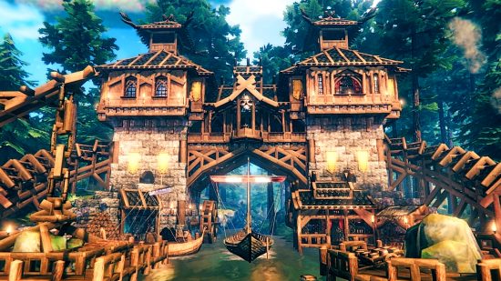 Valheim build expert teaches you roof designs - a bridge crossing a river between two towers with ornate two-tier rooftops. A boat sails under the bridge along the river.