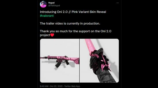 Valorant pink Oni 2.0 skin concepts for the Vandal and Katana by TNAVegod on Twitter