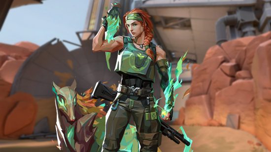 Valorant patch notes: 5.07 update lets you add favourite skins: A ginger woman wearing a green ranger-style outfit stands against a ruined satellite with a wooden tiger with green eyes and wooden bird perched on her shoulder